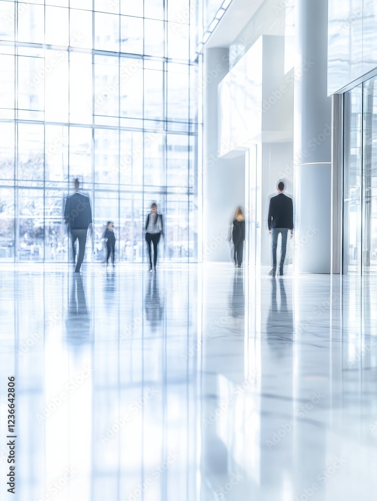 Blurred office building lobby with people walking in a modern corporate environment. Intentionally blurred background with clean minimalist design and architecture Blurred office building lobby with people walking in a modern corporate environment. Intentionally blurred background with clean minimalist design and architecture