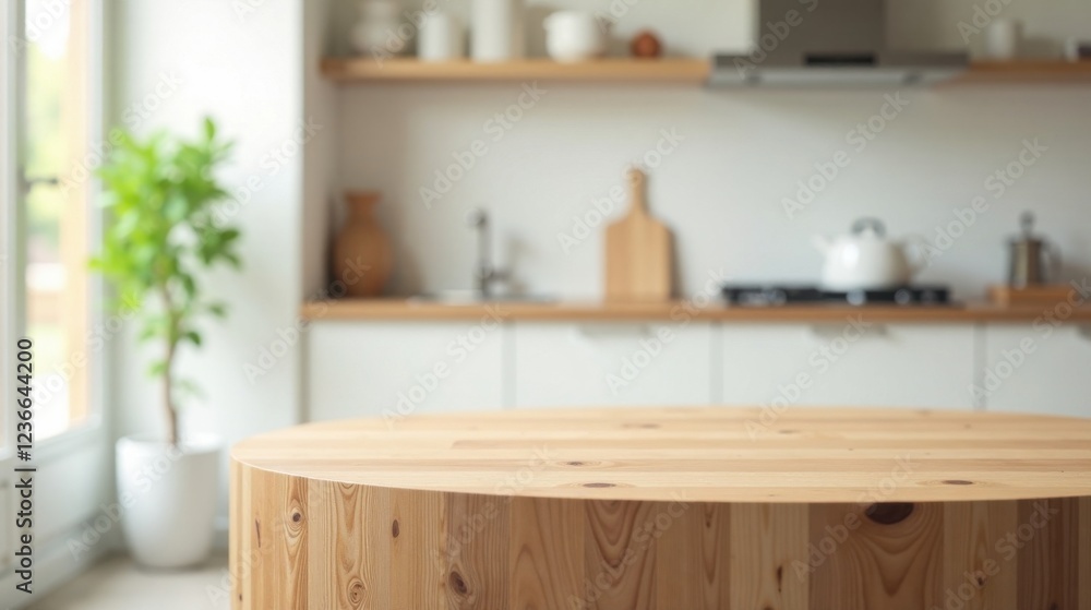 A Clean Minimalist Kitchen Tabletop Display with a Blurred Background Featuring Wooden Accents A Clean Minimalist Kitchen Tabletop Display with a Blurred Background Featuring Wooden Accents