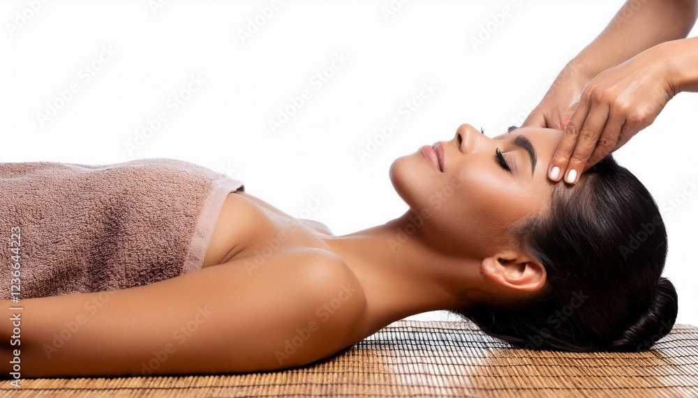 Young woman getting massaging treatment over white. Spa, healthcare and recreation concept. 