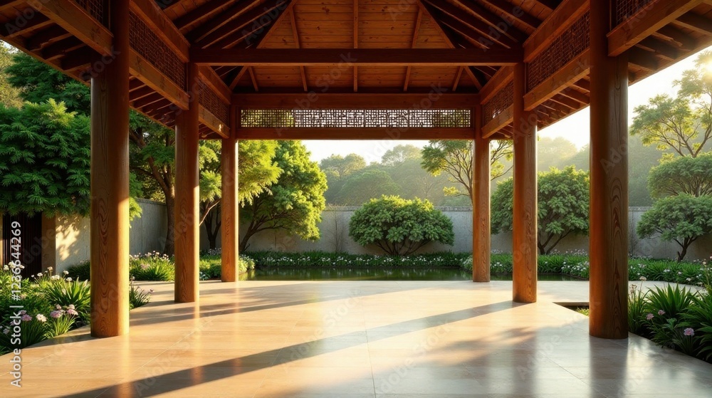 Serene Garden Pavilion Sunlit Tranquility in a Peaceful Wooden Structure with Lush Greenery and Reflective Water Feature Serene Garden Pavilion Sunlit Tranquility in a Peaceful Wooden Structure with Lush Greenery and Reflective Water Feature