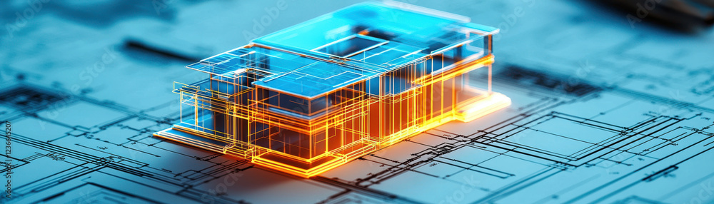 Fototapeta premium Vibrant 3D model of building projected over architectural plans