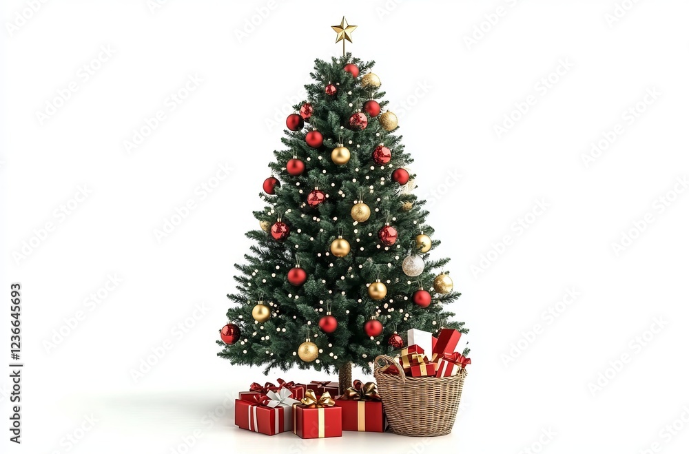A Christmas tree adorned with red and gold ornaments, a basket brimming with presents, all isolated against a white background. A Christmas tree adorned with red and gold ornaments, a basket brimming with presents, all isolated against a white background.