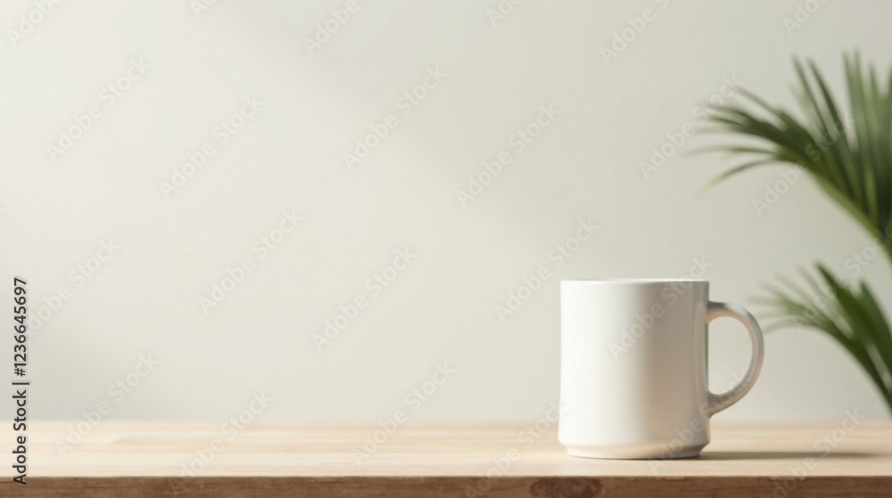 A Simple White Mug Rests on a Light Wooden Table Against a Neutral Background with a Hint of Greenery A Simple White Mug Rests on a Light Wooden Table Against a Neutral Background with a Hint of Greenery