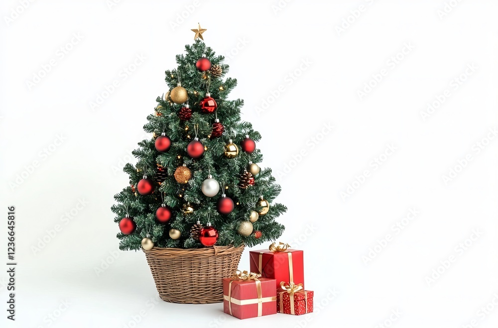 A Christmas tree adorned with red and gold ornaments, a basket brimming with presents, all isolated against a white background. A Christmas tree adorned with red and gold ornaments, a basket brimming with presents, all isolated against a white background.