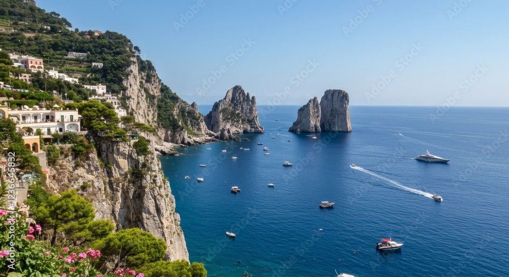 Obraz premium Stunning Capri Coastline View with Boats and Faraglioni Rocks