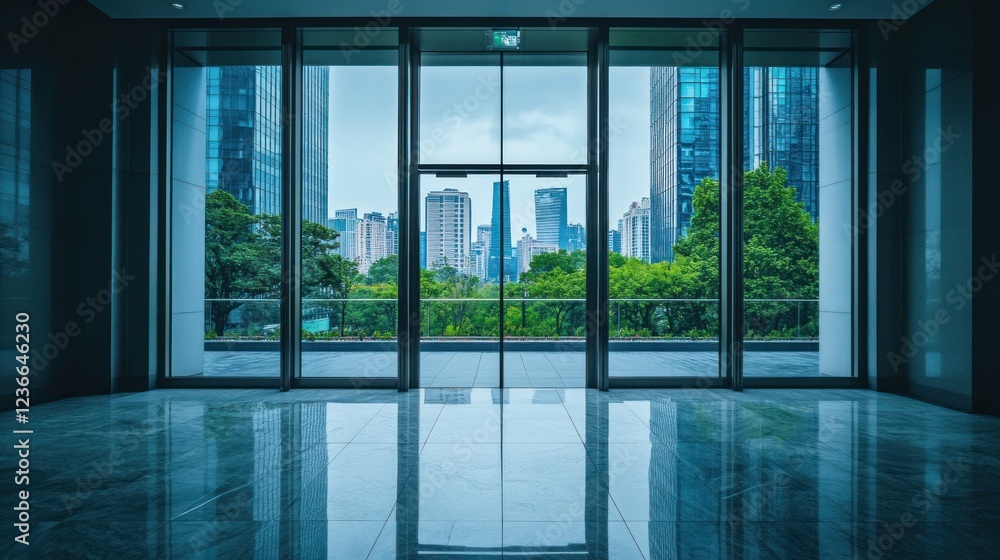 Fototapeta premium Modern Office Interior with Cityscape View