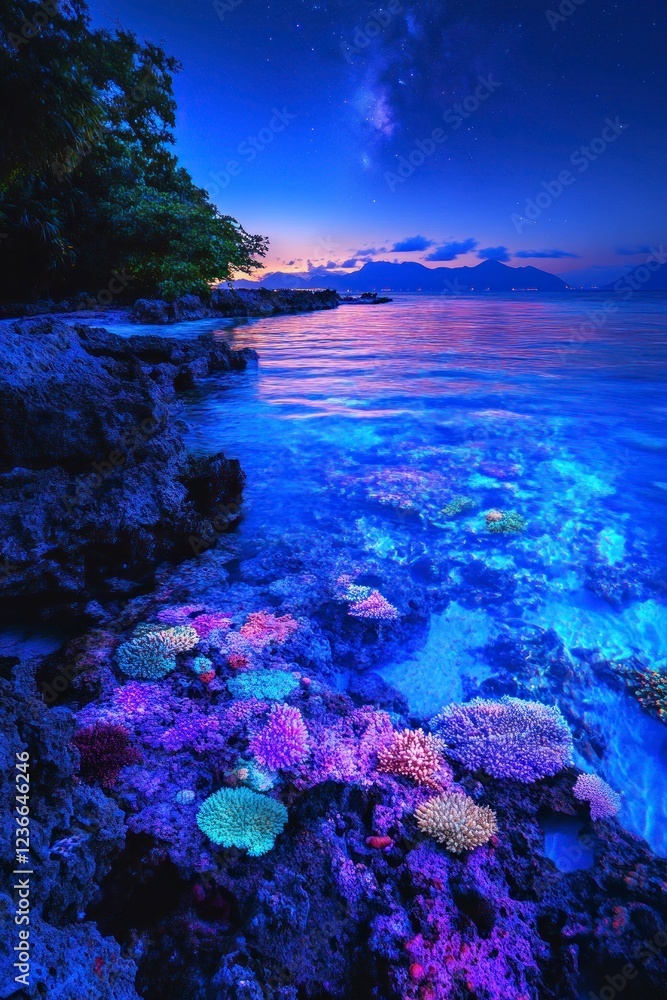 Naklejka premium A glowing blue sea, with moonlight reflecting on the water's surface and a starry sky above, creating an enchanting scene. The night is peaceful as waves gently lap against the rocks along the shore