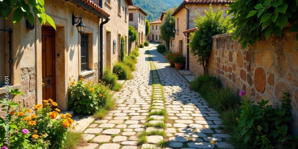 Fototapeta premium Sun-drenched cobblestone lane nestled between charming stone houses, adorned with vibrant flowering plants and lush greenery, casting gentle shadows on the idyllic pathway