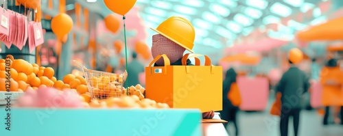 Colorful Market Stall with Fruits and Worker Activity photo