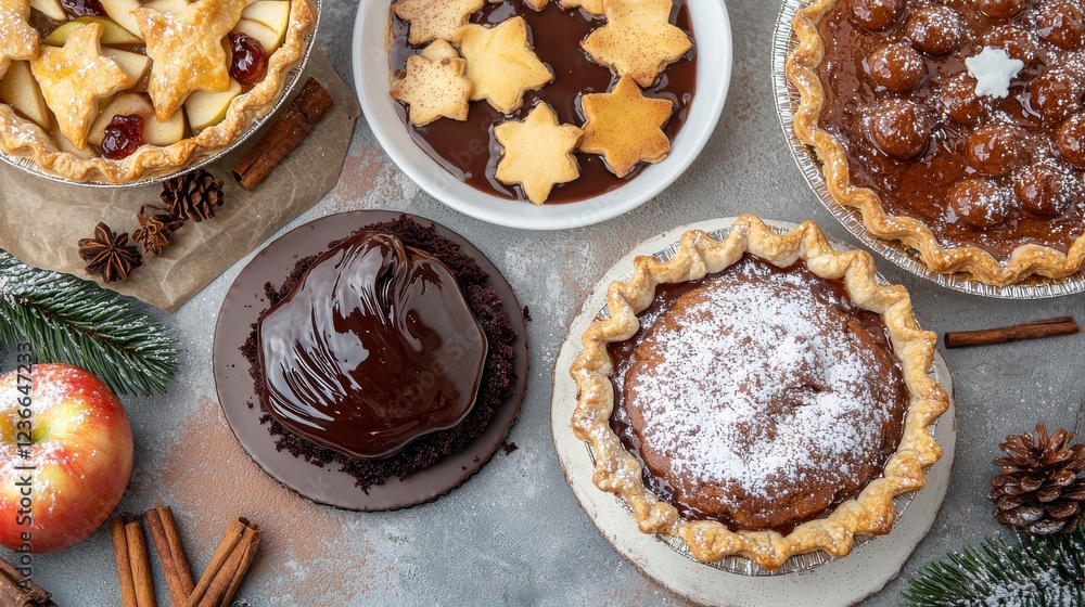 Elegant winter dessert table with rich chocolate lava cake, spiced apple pie, and cinnamon pastries, gourmet presentation, festive indulgence. Elegant winter dessert table with rich chocolate lava cake, spiced apple pie, and cinnamon pastries, gourmet presentation, festive indulgence.