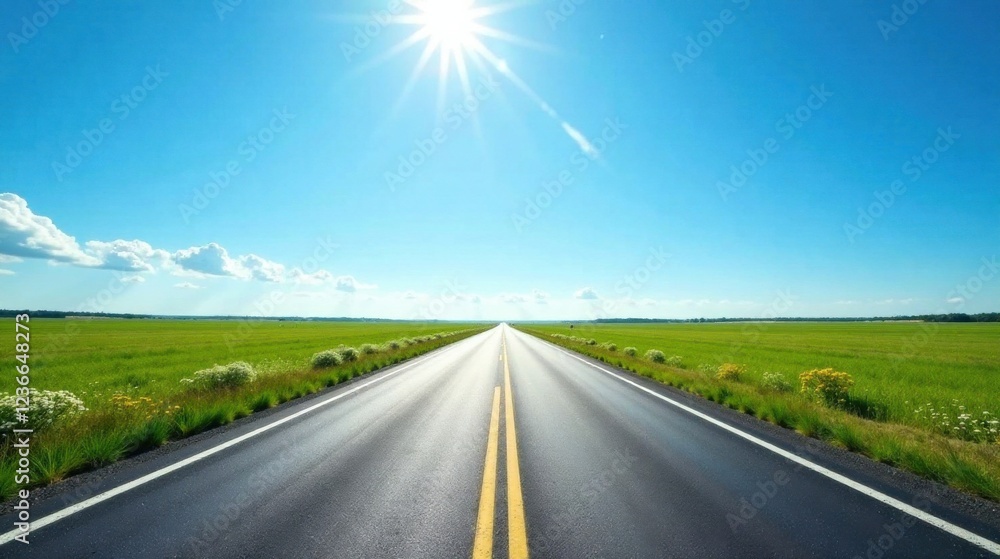 Fototapeta premium Asphalt Pathway Stretching Towards a Bright Sunny Day with Lush Green Fields on Either Side