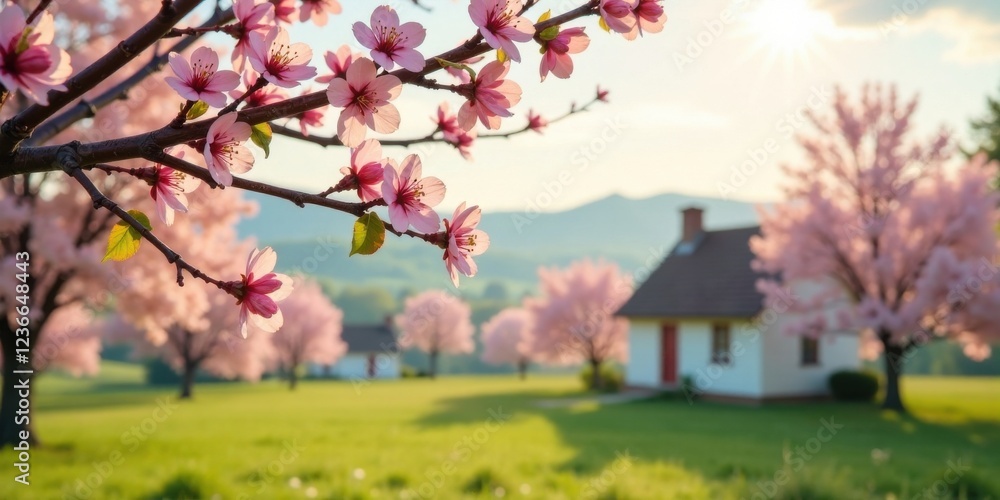 Naklejka premium Delightful springtime blossoms frame a picturesque rural scene with charming houses nestled amongst blooming trees, creating a tranquil and idyllic landscape.