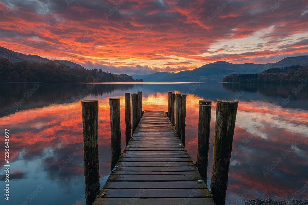 Fototapeta premium A picturesque sunset over the lake, with vibrant hues painting the sky and reflecting on the calm waters near an old wooden dock. 