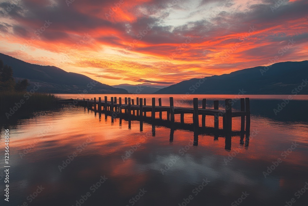 Fototapeta premium A picturesque sunset over the lake, with vibrant hues painting the sky and reflecting on the calm waters near an old wooden dock. 
