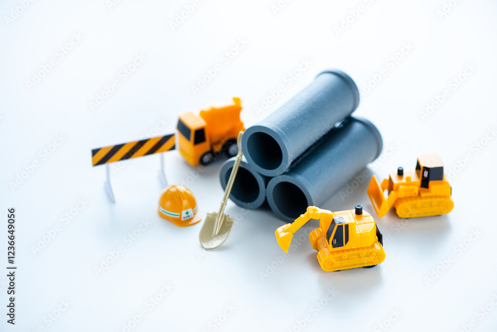 Fototapeta premium 重機と工事現場 劣化した水道管の更新イメージ