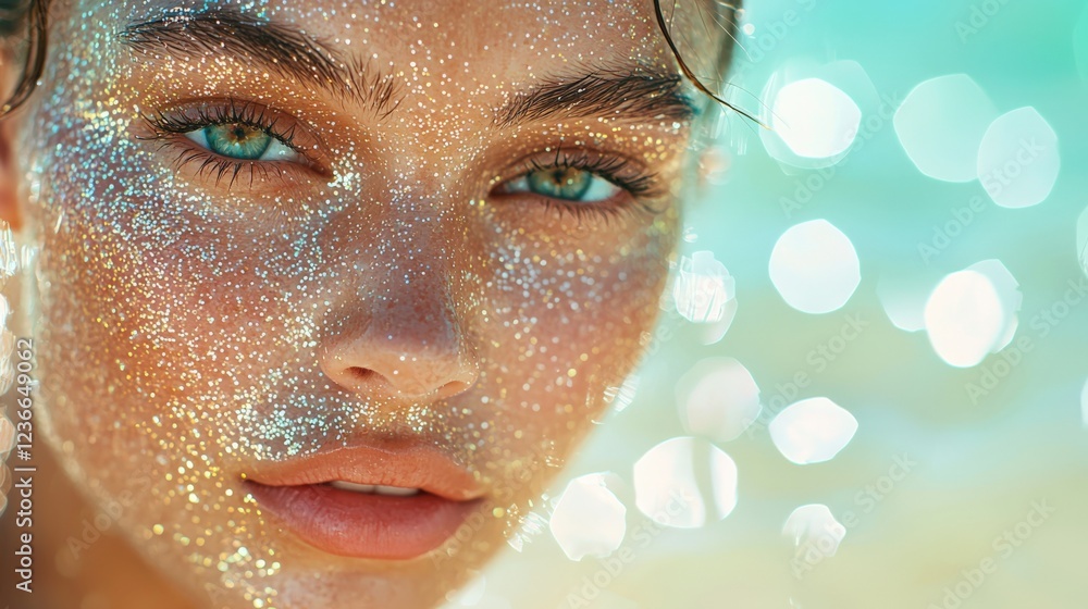 Close-Up of Sparkling Beauty: Model with Glittery Skin at Beach Close-Up of Sparkling Beauty: Model with Glittery Skin at Beach