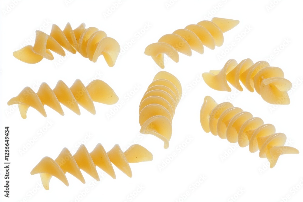 Fototapeta premium Delightful fusilli pasta artfully arranged on a clean white surface showcasing texture and form