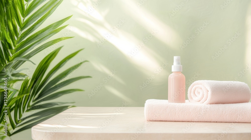 Pale pink spray bottle and rolled towels on a light beige surface, beside a vibrant green palm leaf. Soft sunlight illuminates the scene, creating a calm and refreshing atmosphere. Pale pink spray bottle and rolled towels on a light beige surface, beside a vibrant green palm leaf. Soft sunlight illuminates the scene, creating a calm and refreshing atmosphere.