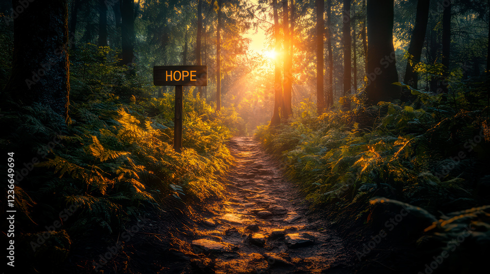 Fototapeta premium Pathway in summer forest, rustic wooden sign with the word Hope
