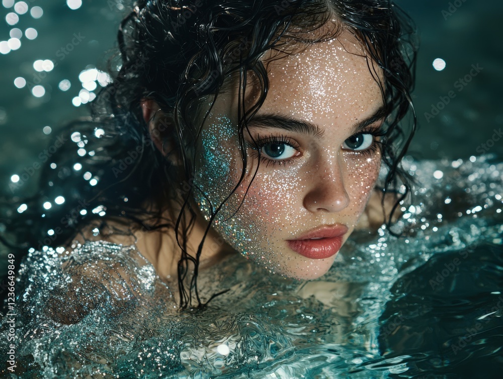 Glamorous Portrait of Young Woman with Glitter in Pool Water Glamorous Portrait of Young Woman with Glitter in Pool Water