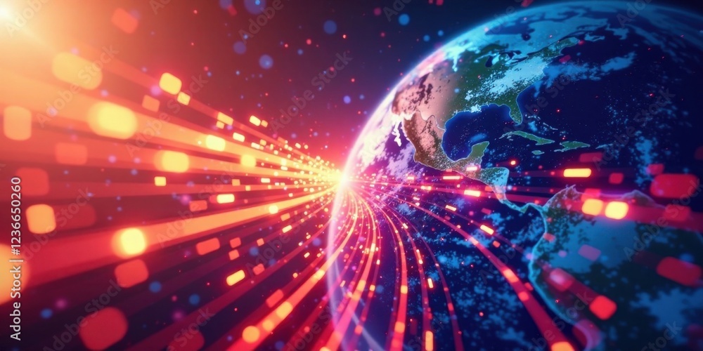 Obraz premium Global Network Data Stream A Futuristic Visualization of Interconnected Systems and Rapid Information Exchange