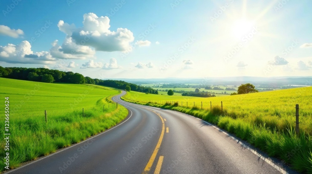 Asphalt ribbon winding through vibrant green fields under a bright summer sun, a picturesque journey ahead Asphalt ribbon winding through vibrant green fields under a bright summer sun, a picturesque journey ahead