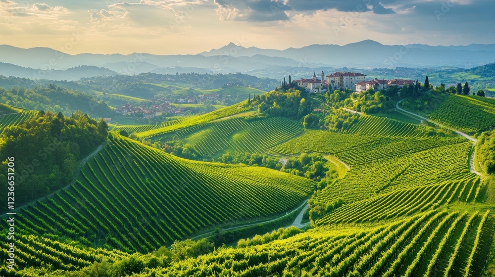 Rolling Hills of Verdant Vineyards and Hilltop Village Rolling Hills of Verdant Vineyards and Hilltop Village