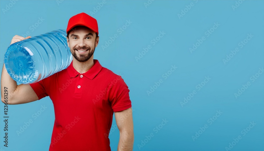 Water delivery man in red suit and red hat. Drinking water advertisement. Concept of a mineral water. Water delivery man in red suit and red hat. Drinking water advertisement. Concept of a mineral water.