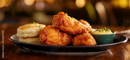 Delicious golden fried chicken and fluffy biscuits paired with savory sauce on a dark plate