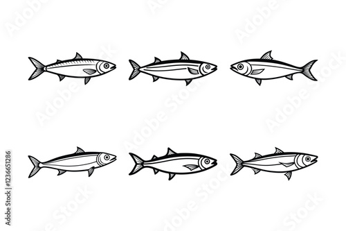 sardine fish design, labeled line art vector illustration.