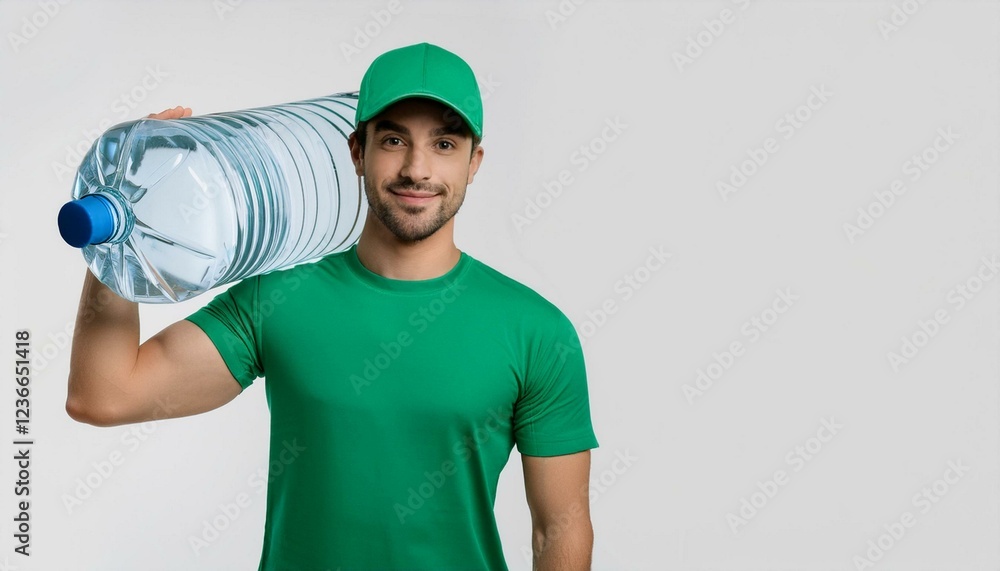 Water delivery man in green suit and green hat. Drinking water advertisement. Concept of a mineral water.
Water delivery man in green suit and green hat. Drinking water advertisement. Concept of a mineral water.