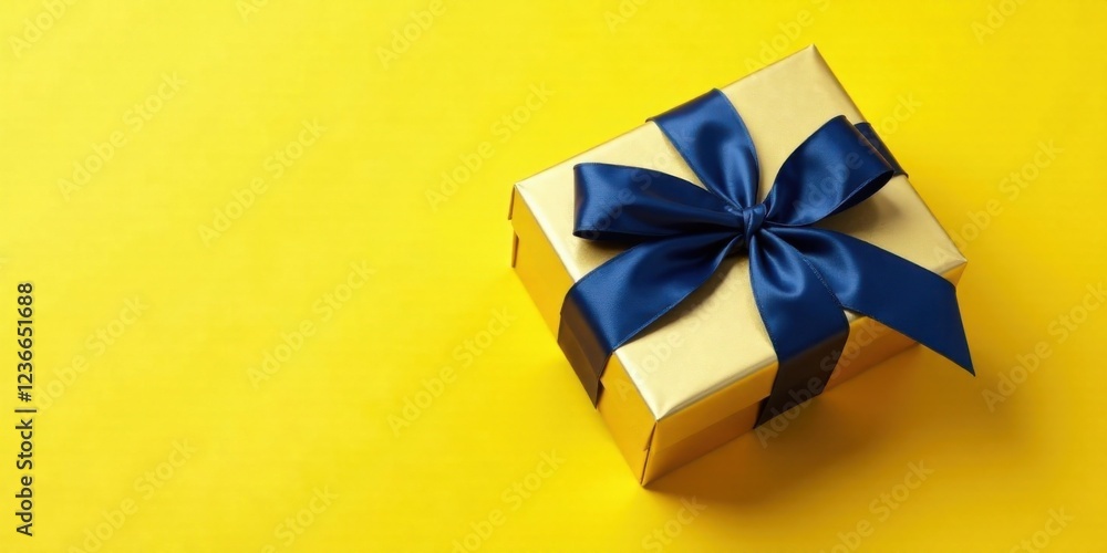 A Golden Gift Box Adorned with a Navy Blue Ribbon, Ready for a Special Occasion A Golden Gift Box Adorned with a Navy Blue Ribbon, Ready for a Special Occasion