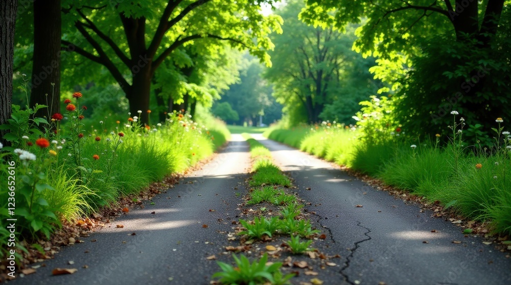 Sunlit Pathway Through Lush Greenery, Flanked by Vibrant Wildflowers and Towering Trees, Leading to a Serene Destination Sunlit Pathway Through Lush Greenery, Flanked by Vibrant Wildflowers and Towering Trees, Leading to a Serene Destination