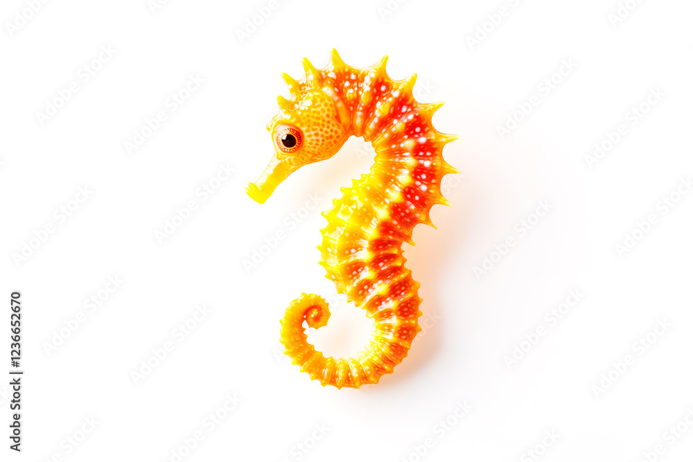 Fototapeta premium Vibrant orange seahorse isolated on white background. Concept of marine life, ocean beauty, and exotic sea creatures. Perfect for nature themes, aquatic designs, and educational materials