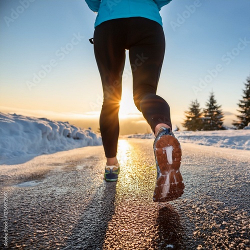 ack view of woman's legs with sport shoes jogging in snow 