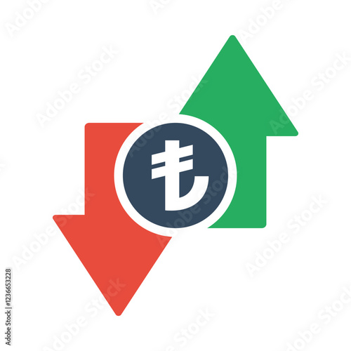 turkish lira coin with green up and red down arrows, tax or inflation indicator, price or income vector icon