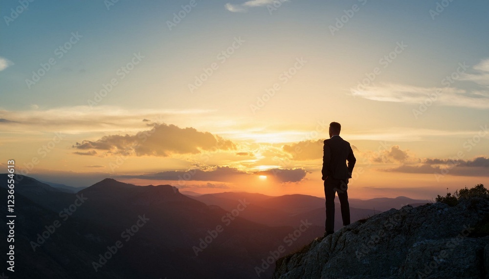 Businessman. Silhouette of a businessman standing on a mountain peak and evening sky background. Businessman. Silhouette of a businessman standing on a mountain peak and evening sky background.
