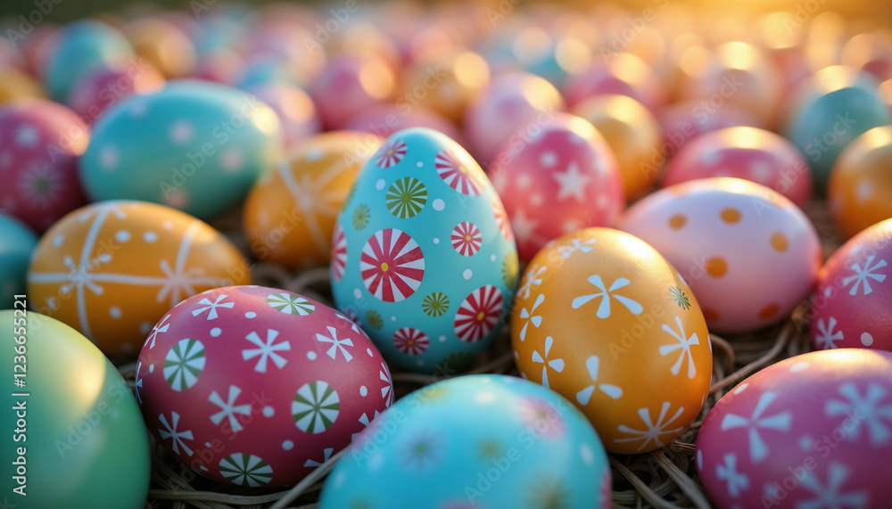 Colorful Easter eggs with bright patterns rest on straw during sunset, festive and cheerful mood Colorful Easter eggs with bright patterns rest on straw during sunset, festive and cheerful mood