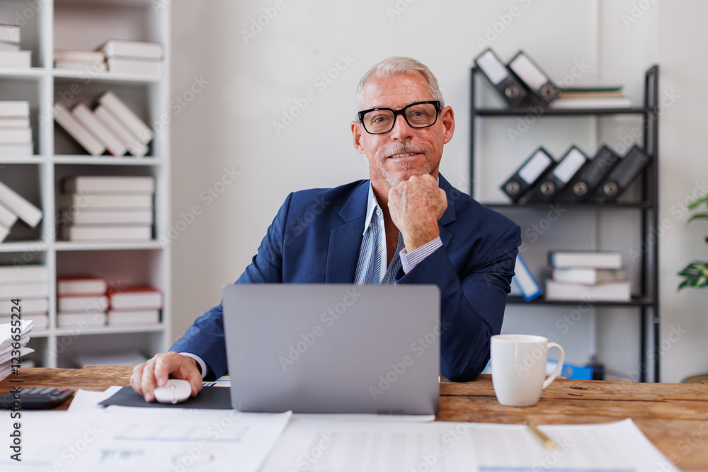 Businessman using laptop computer in office. Happy middle aged man, entrepreneur, small business owner working online. Businessman using laptop computer in office. Happy middle aged man, entrepreneur, small business owner working online.