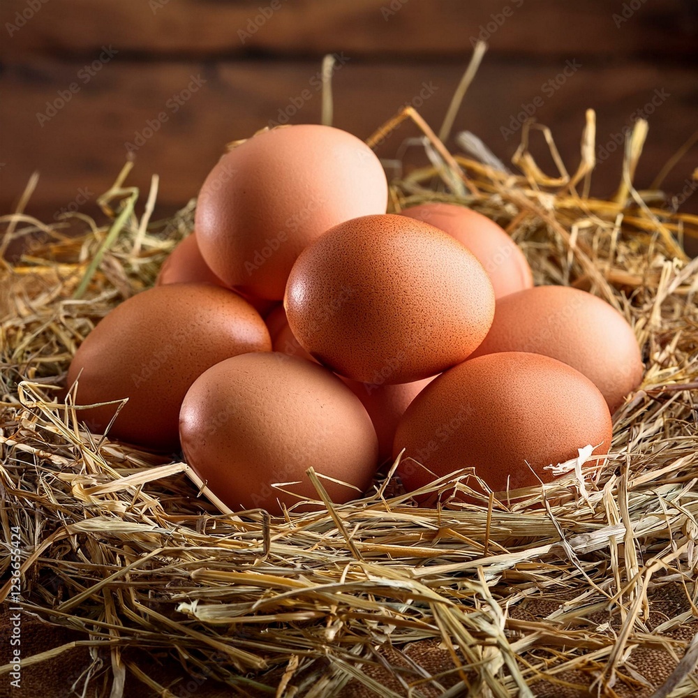 Pile of raw brown chicken eggs in straw Pile of raw brown chicken eggs in straw