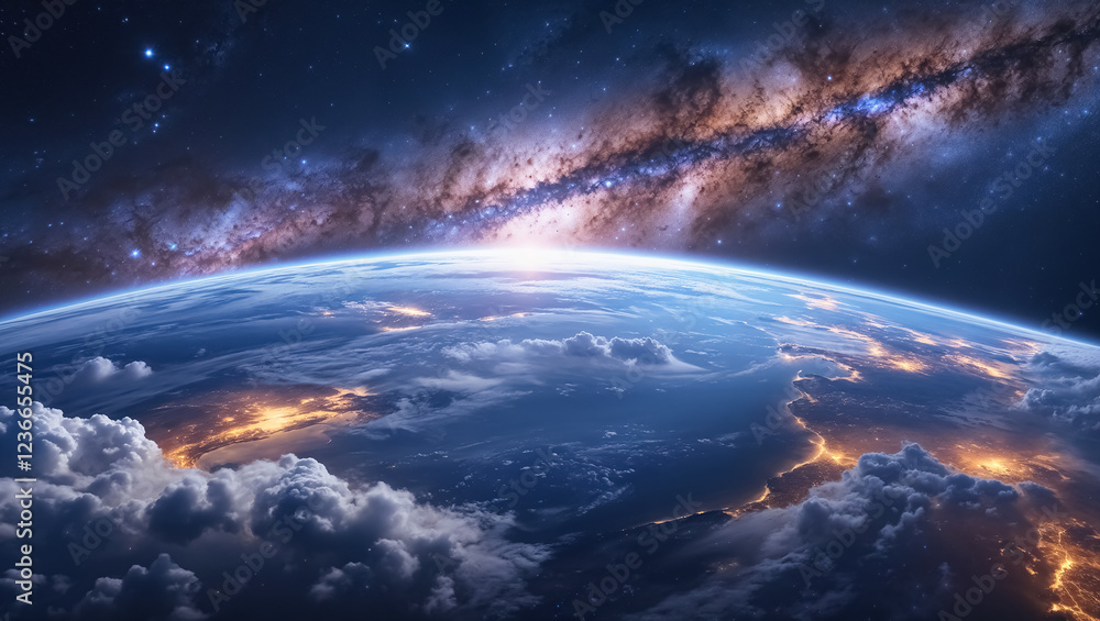 a planet with lights and clouds in space a planet with lights and clouds in space