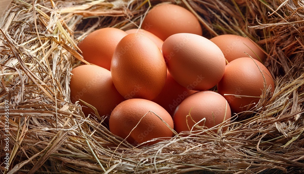 Pile of raw brown chicken eggs in straw Pile of raw brown chicken eggs in straw