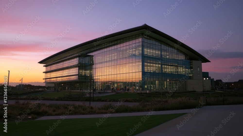 Obraz premium Modern Glass Building at Sunset