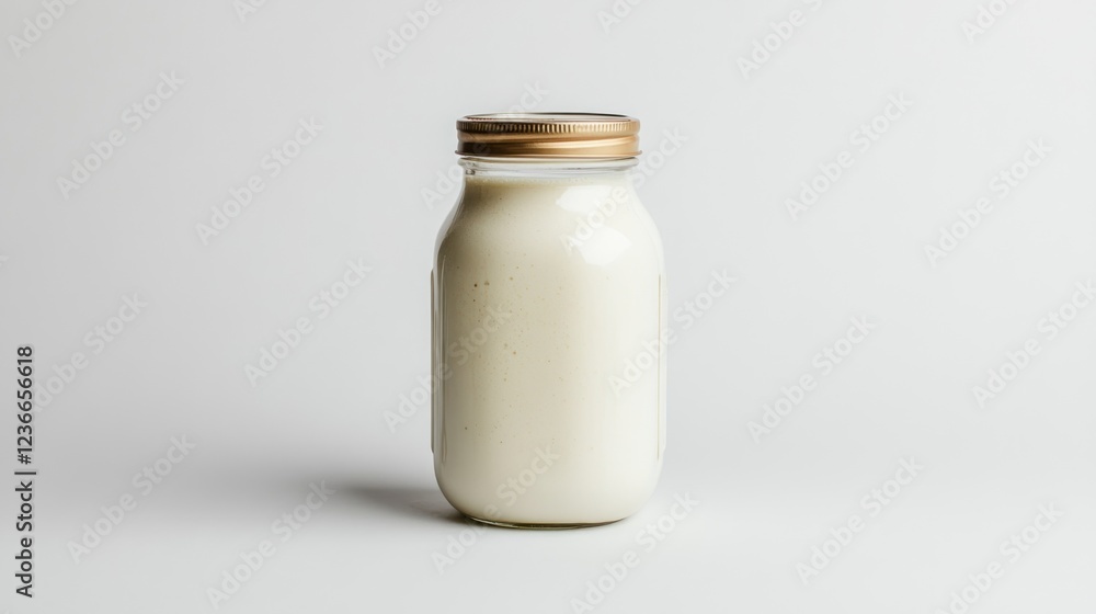 Creamy White Beverage in Glass Jar with Gold Lid Creamy White Beverage in Glass Jar with Gold Lid