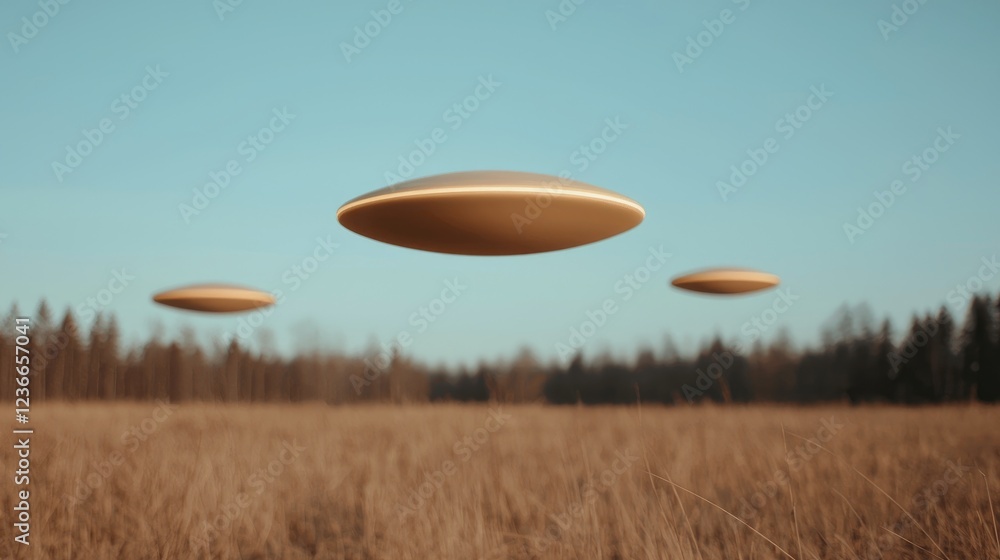UFOs over field, daytime sky, forest background; science fiction illustration UFOs over field, daytime sky, forest background; science fiction illustration