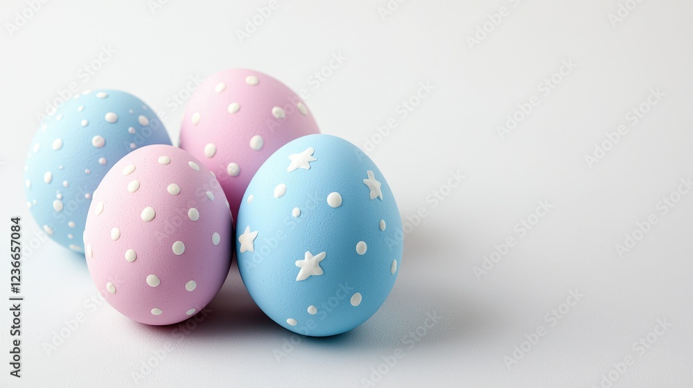 Pastel Easter eggs, holiday decoration, white background, spring celebration Pastel Easter eggs, holiday decoration, white background, spring celebration