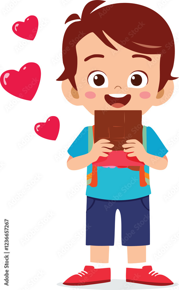 child with heart Illustration of a boy and girl standing and eating chocolate, Valentine's Day child with heart Illustration of a boy and girl standing and eating chocolate, Valentine's Day