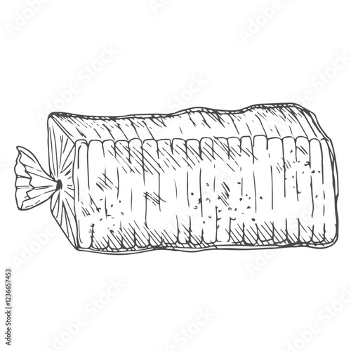 Hand drawn sketch of slices bread plastic packaging. Pack of sliced toast bread