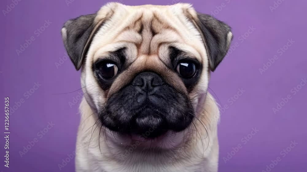 Adorable Pug Dog Portrait with Expressive Eyes on Vibrant Purple Background for Pet Lovers Adorable Pug Dog Portrait with Expressive Eyes on Vibrant Purple Background for Pet Lovers