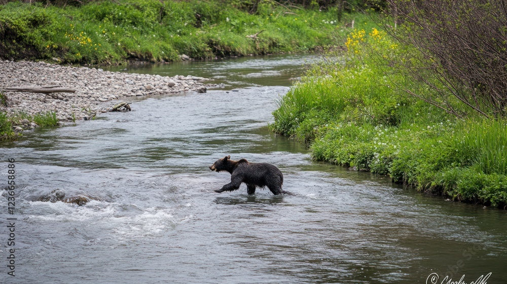 Black Bear Fishing in a Serene River Black Bear Fishing in a Serene River